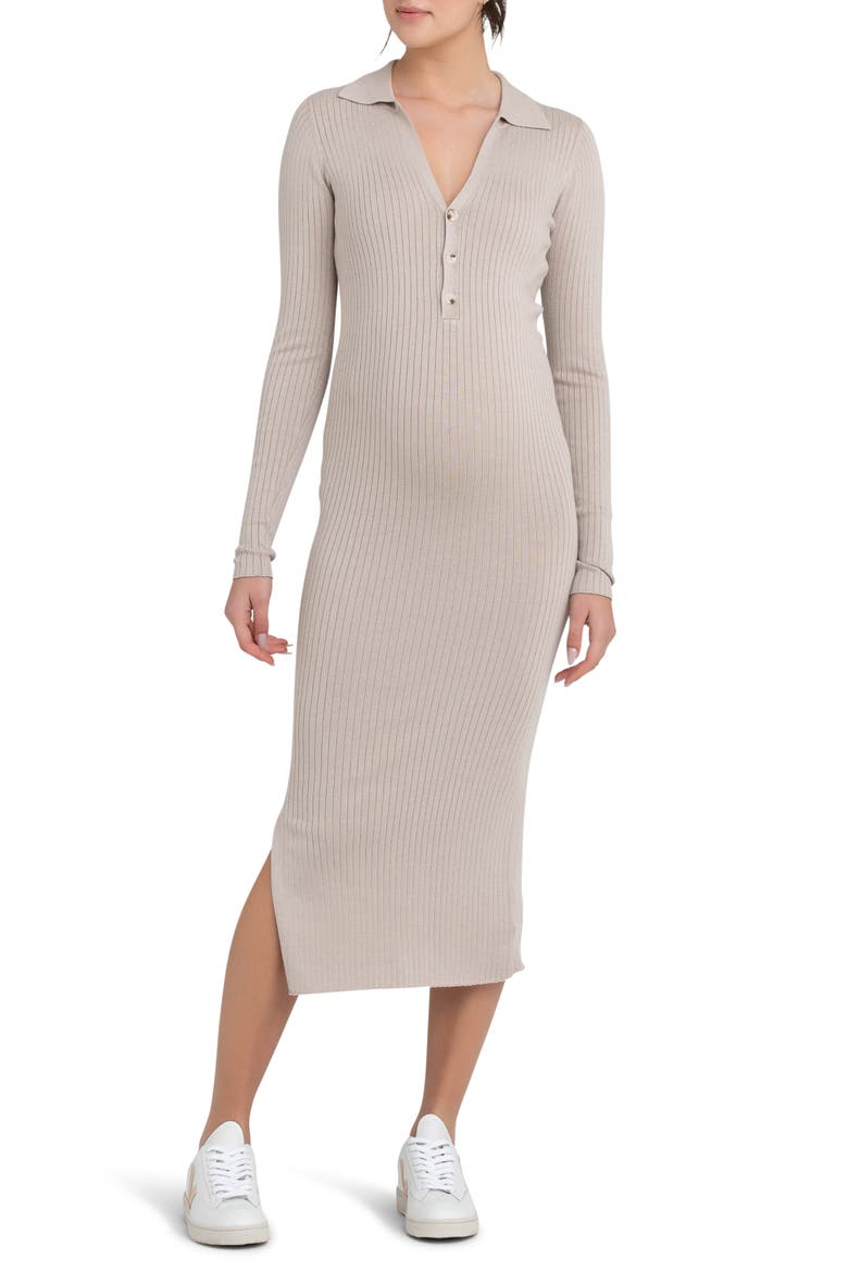 Sammy Rib Long Sleeve Maternity/Nursing Polo Dress, Main, color, STONE
