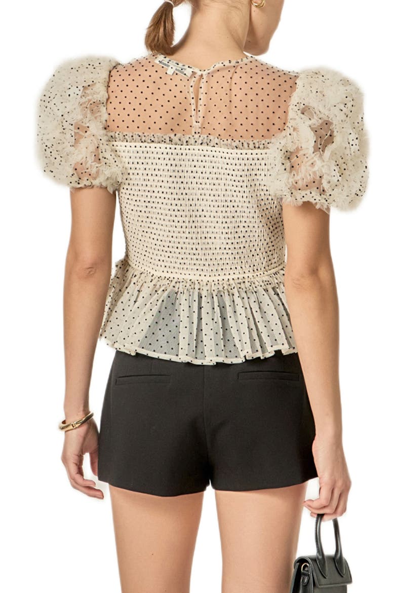 Dot Puff Sleeve Peplum Top, Alternate, color, WHITE/ BLACK