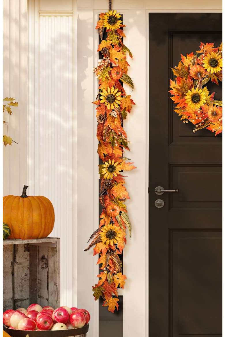 6ft Fall Maple Leaf and Sunflower Garland, Alternate, color, Orange