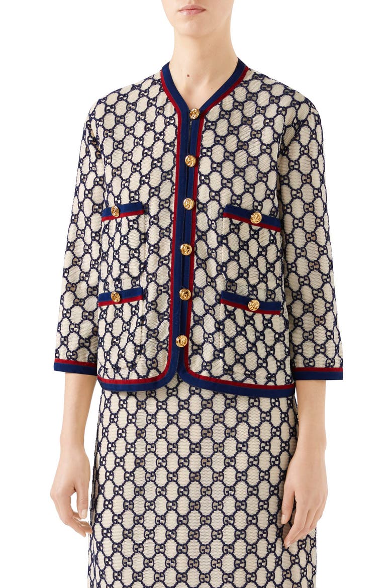 GG Macramé Crop Jacket, Main, color, WHITE MAGNOLIA/ BLUE
