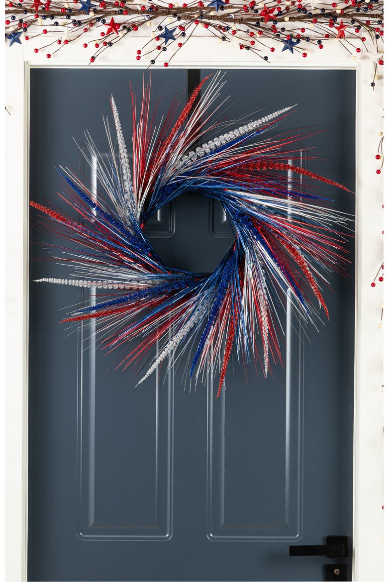 24"D Patriotic Americana Tinsel and Heather Wreath, Alternate, color, Blue