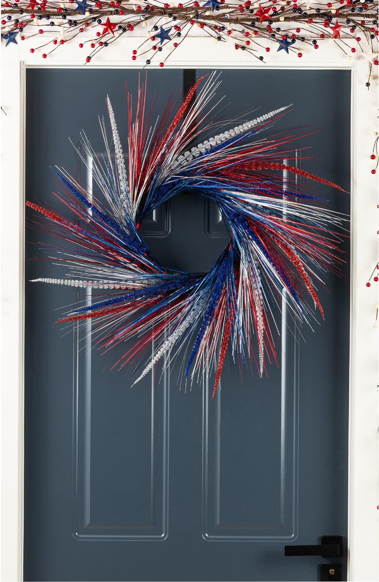 Glitzhome 24"D Patriotic Americana Tinsel and Heather Wreath, Alternate, color, Blue