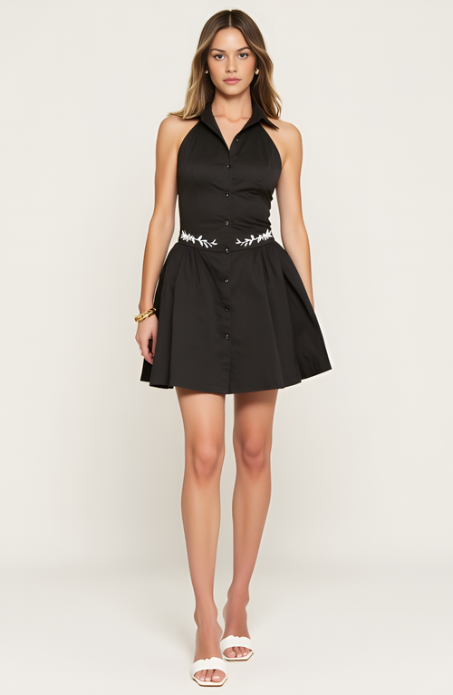 MODENAIRE MODENAIRE EMBROIDERED WAIST BUTTON-FRONT HALTER MINI DRESS WITH SMOCKED OPEN BACK