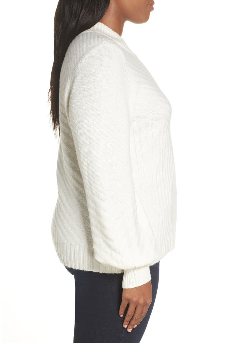 Mix Cable Balloon Sleeve Cotton Blend Sweater, Alternate, color, ANTIQUE WHITE