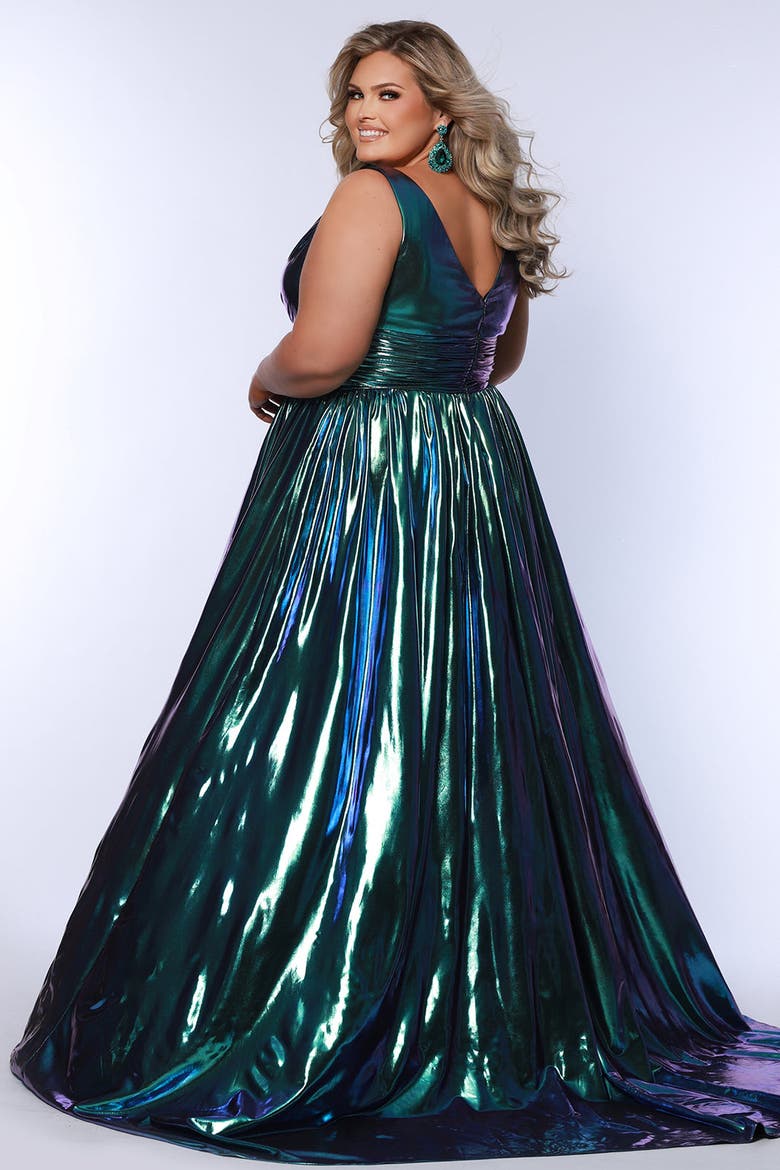 Bra-Friendly V-Neckline Plus Size A-Line Formal Gown, Alternate, color, Peacock