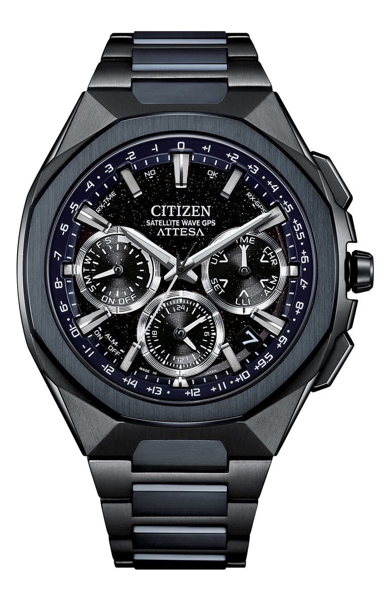Citizen ATTESA Satellite Timekeeping Chronograph Super Titanium<sup>™</sup> Bracelet Watch, 43.2mm, Main, color, Black/ Two-Tone