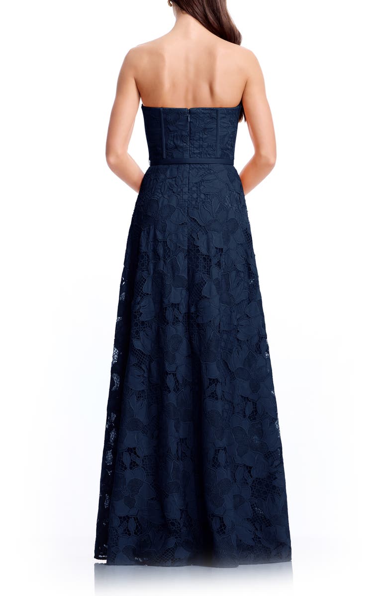Dress the Population Pierson Floral Lace Belted Strapless Gown, Alternate, color, Navy