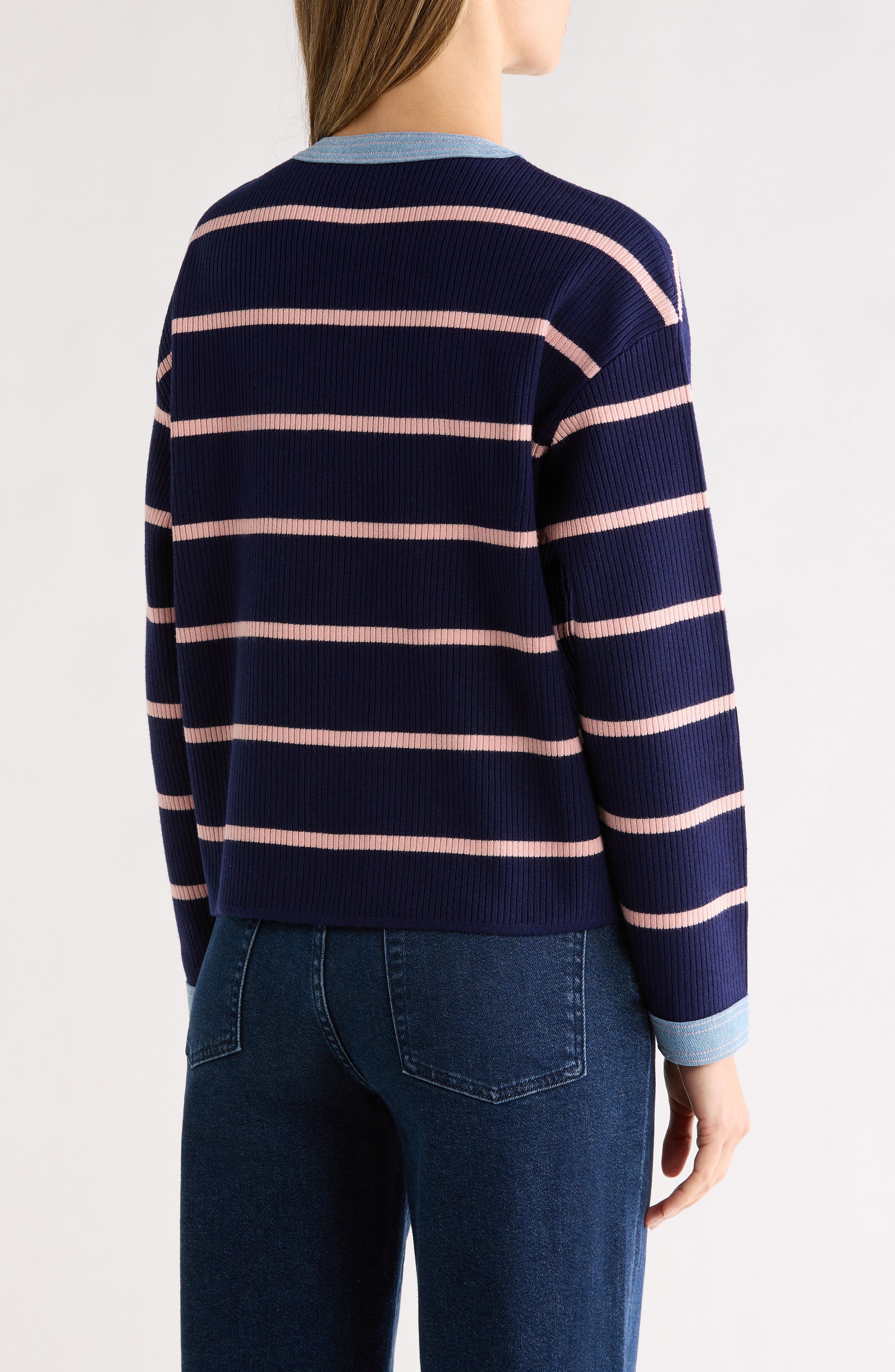 Denim Trim Stripe Ribbed Cardigan - image 4