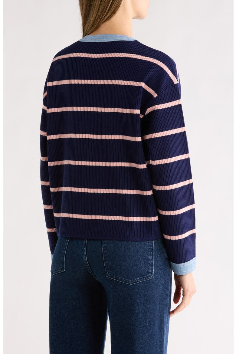 Denim Trim Stripe Ribbed Cardigan, Alternate, color, NANETTE NAVY PINK/ LIGHT DENIM