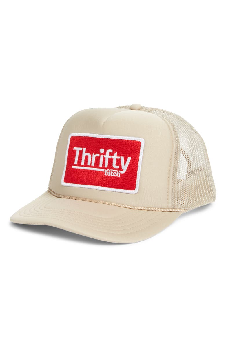 Friday Feelin’ Thrifty Patch Trucker Hat, Main, color, Tan