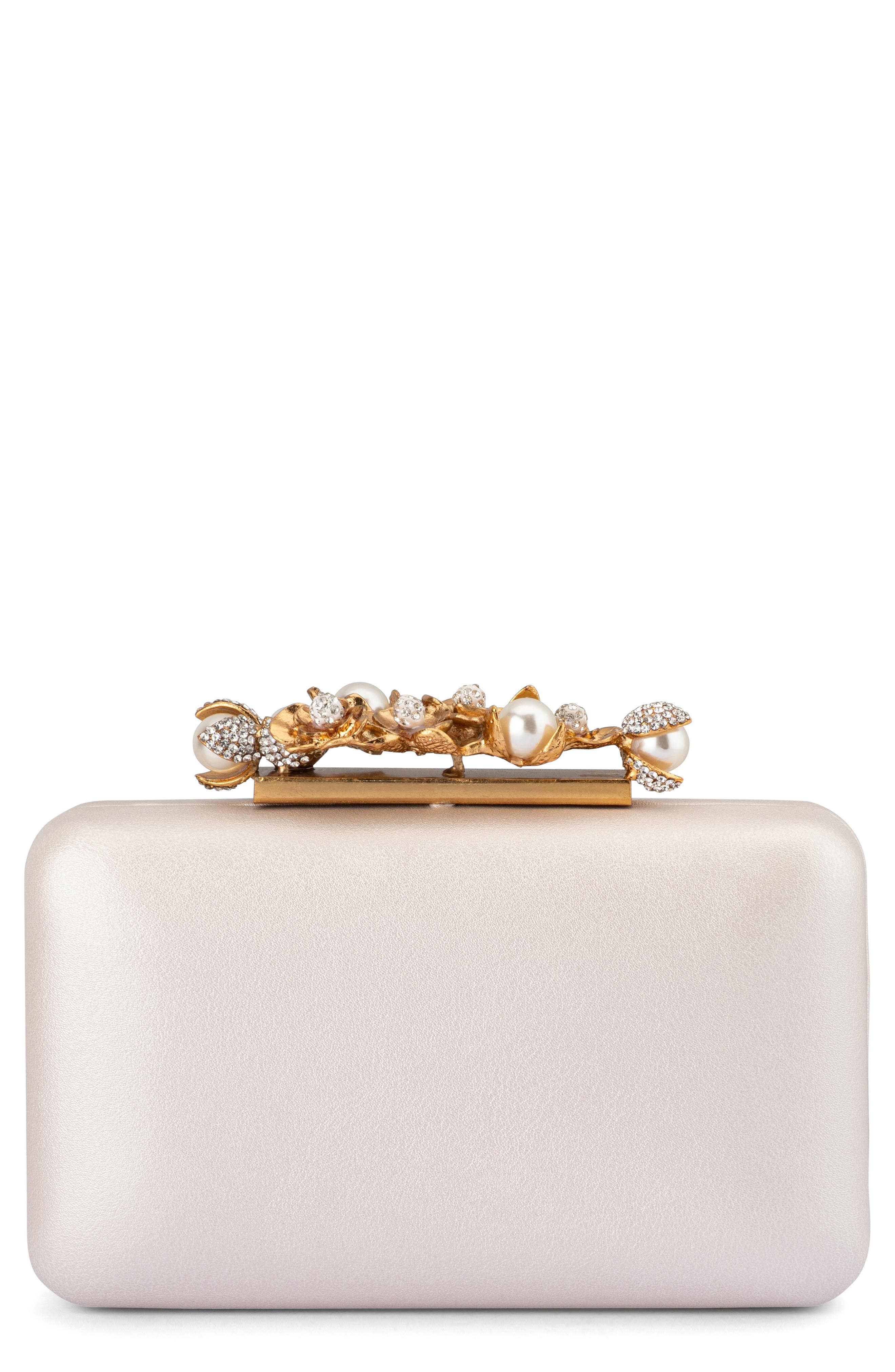 Olga Berg Gabriel Embellished Frame Clutch, Main, color, White