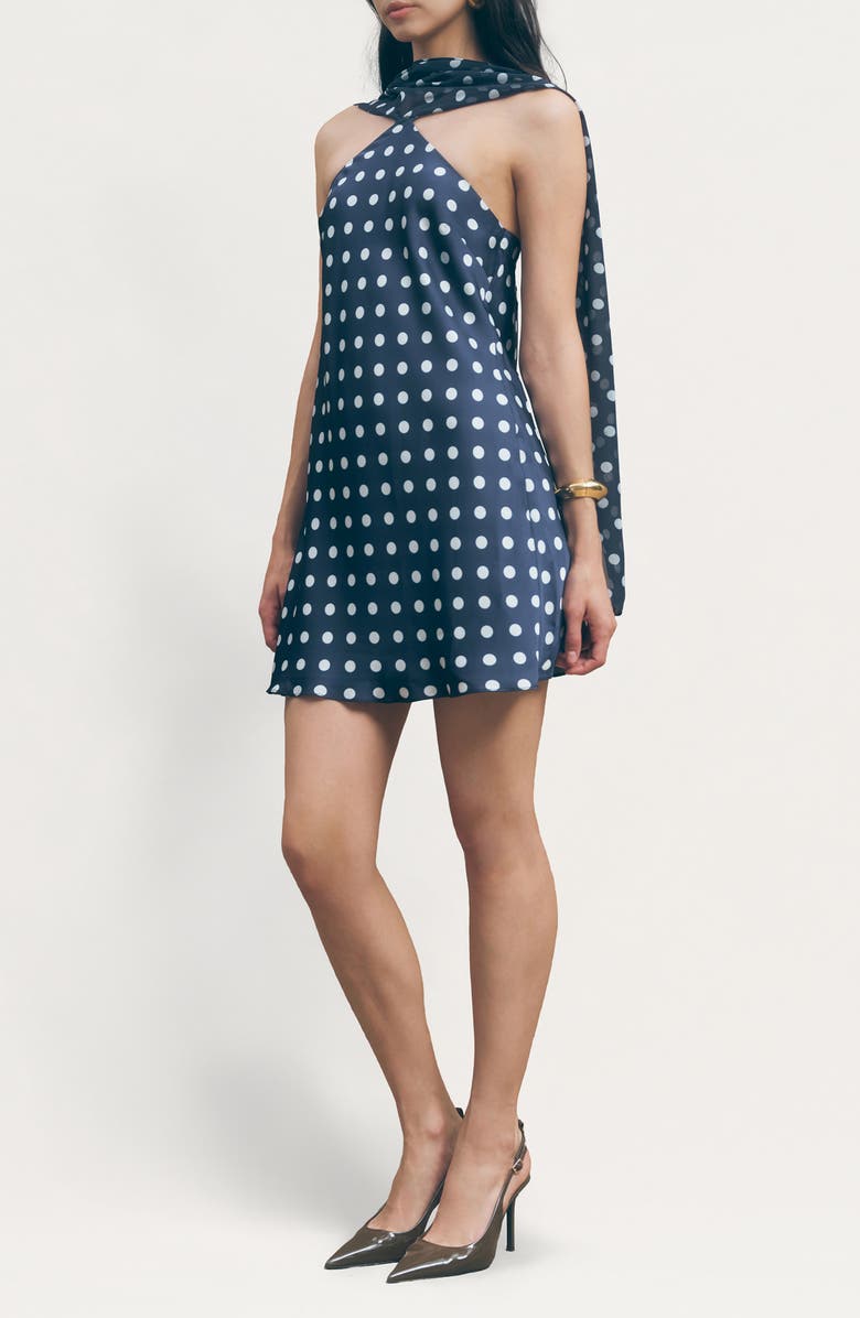 MAUDE CLUB Hendrix Polka Dot Halter Neck Minidress with Removable Scarf, Alternate, color, Navy White Dots
