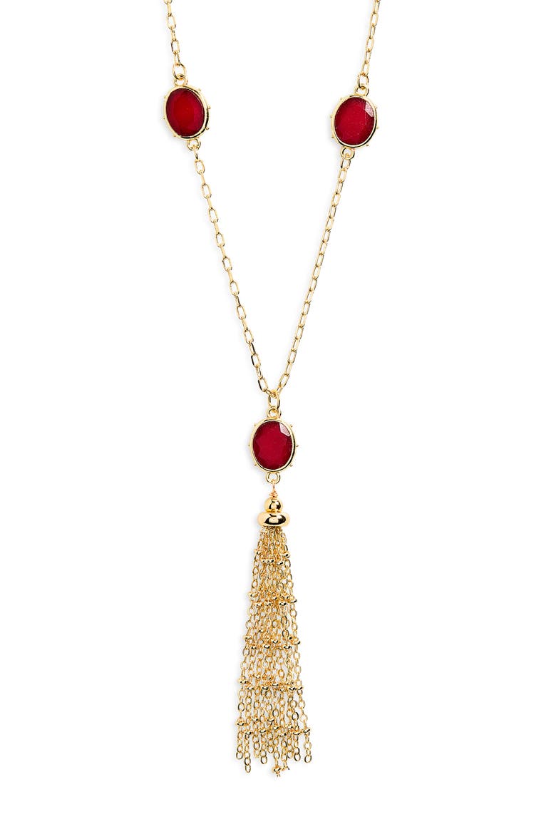 Glass Stone Tassel Pendant Necklace, Main, color, RED
