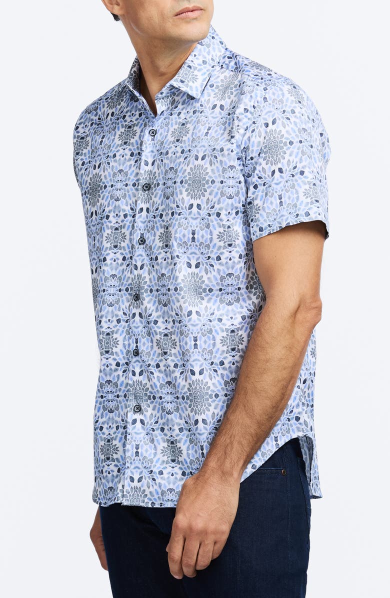 Robert Graham Amagansett Abstract Floral Short Sleeve Stretch Cotton Button-Up Shirt, Alternate, color, Blue Multi