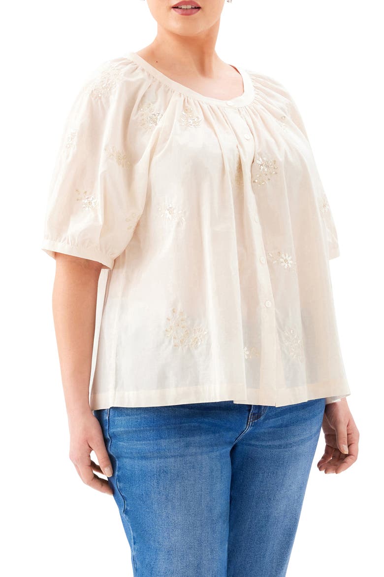 Floral Embroidered Button-Up Peasant Top, Alternate, color, NATURAL