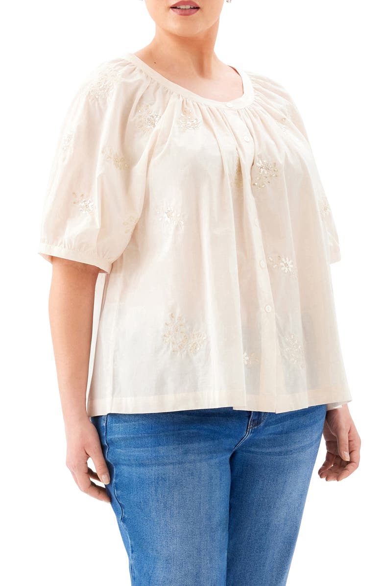 Karen Kane Floral Embroidered Button-Up Peasant Top, Alternate, color, Natural