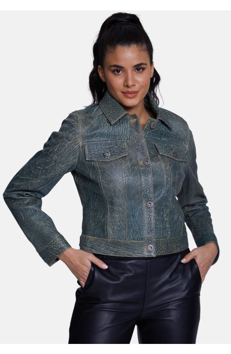 Furniq UK Arabella Patterned Leather Jacket, Alternate, color, Dark Green Mix