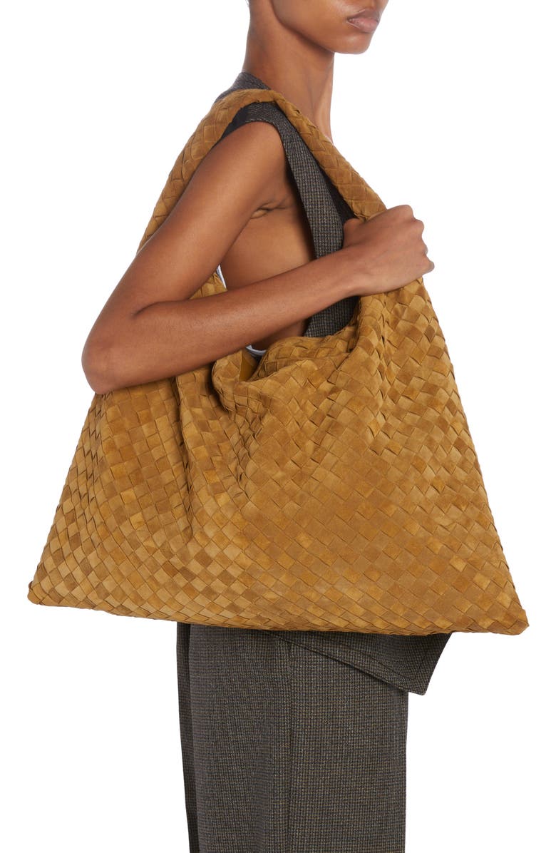 Bottega Veneta Large Hop Intrecciato Suede Hobo Bag, Alternate, color, Acorn/ Brass