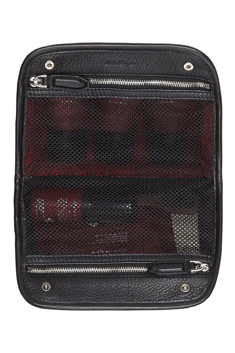Salvatore Ferragamo Embossed Leather Dopp Kit, Alternate, color, NERO