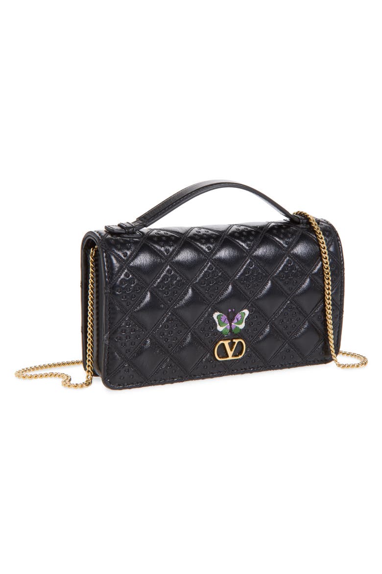 Flutterby Quilted Leather Wallet on a Chain, Main, color, BLACK