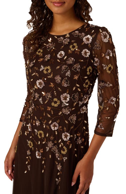Adrianna Papell Beaded Mesh Gown In Brown