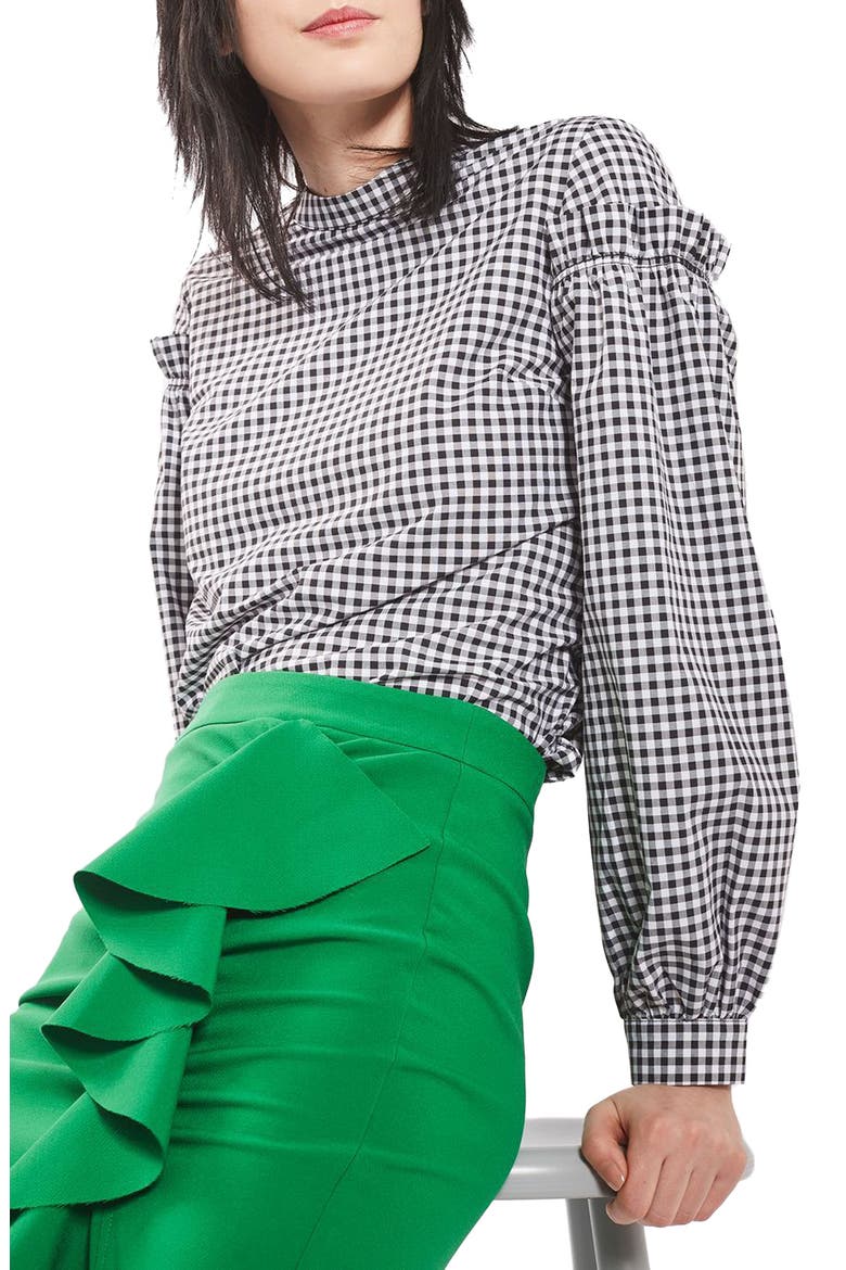 Gingham Mutton Sleeve Top, Main, color, BLACK MULTI
