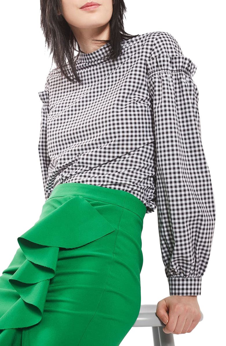 Topshop Gingham Mutton Sleeve Top, Main, color,