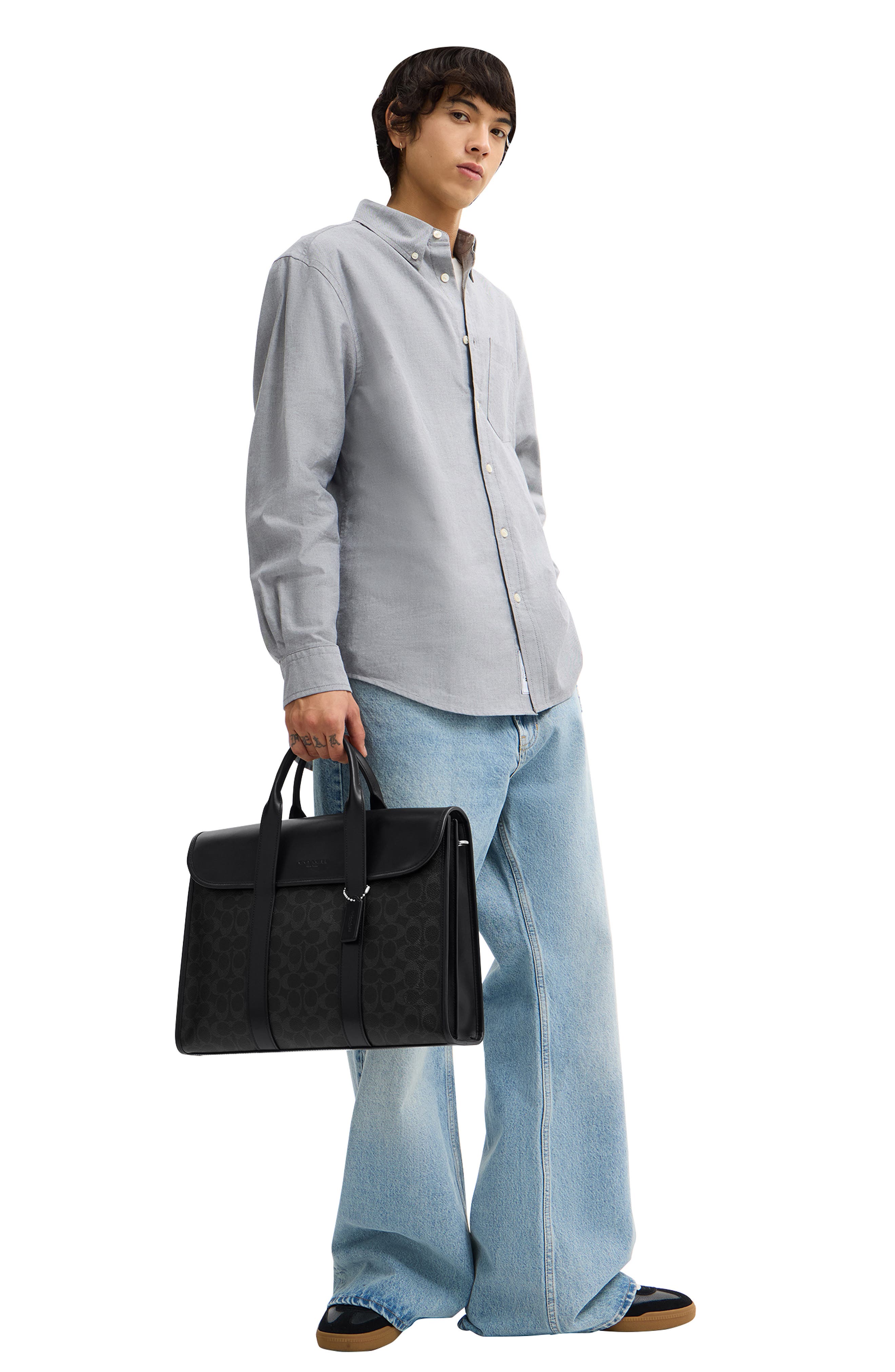 COACH Gotham Signature Coated Canvas & Leather Portfolio Messenger Bag, Alternate, color, Black Signature