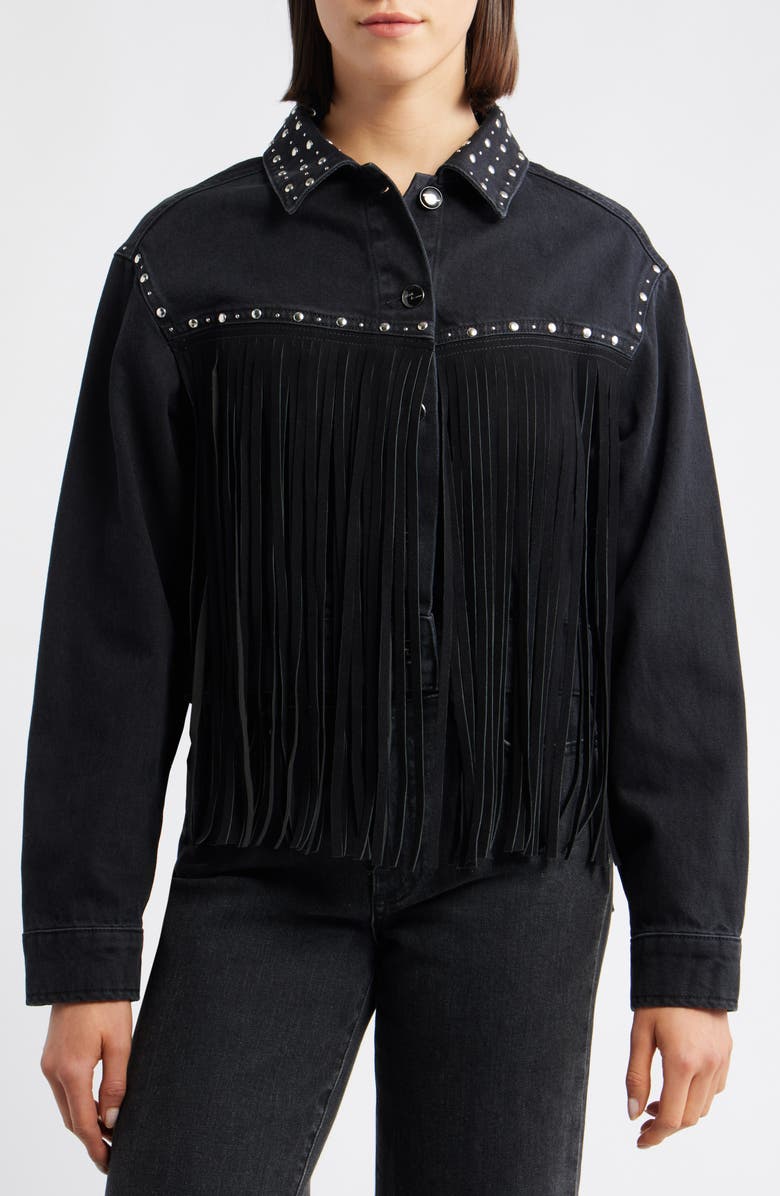 Mavi Jeans Jenna Smoke Fringe Stud Detail Denim Jacket, Alternate, color, Smoke Fringe Denim