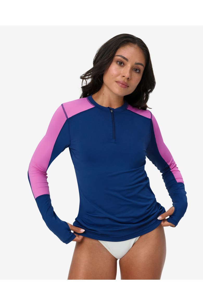 Women's Performance Quarter Zip Long Sleeve Crew Shirt for Sun and UV Protection, Alternate, color, Navy/Bubblegum