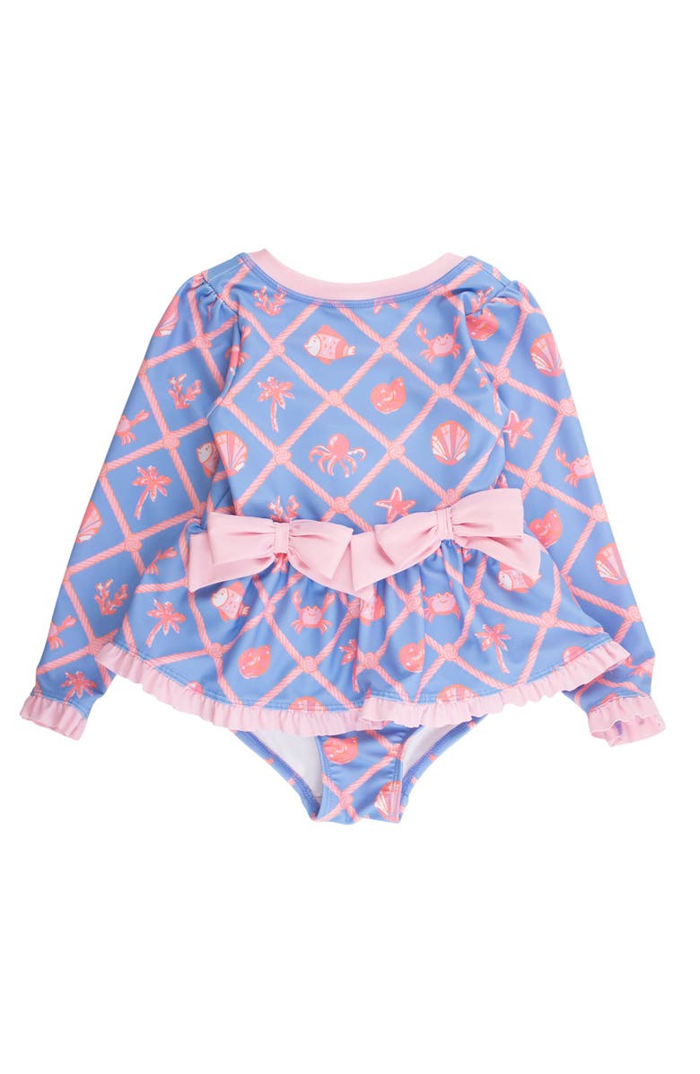 RuffleButts UPF50+ Long Sleeve One Piece Bow Peplum Rash Guard Swimsuit, Main, color, Tropical Trellis