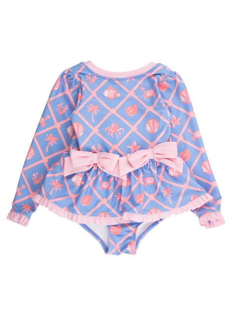 UPF50+ Long Sleeve One Piece Bow Peplum Rash Guard Swimsuit
