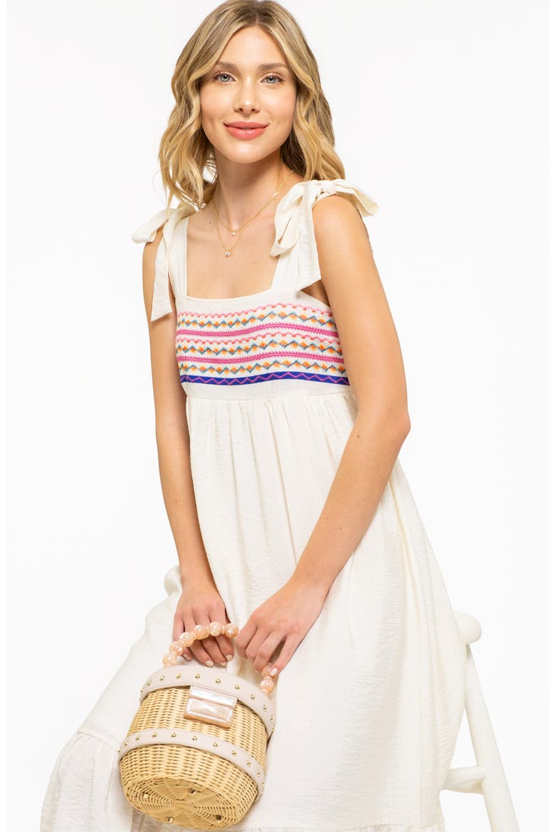 Embroidered Tie Strap Empire Waist Midi Dress, Alternate, color, CREAM