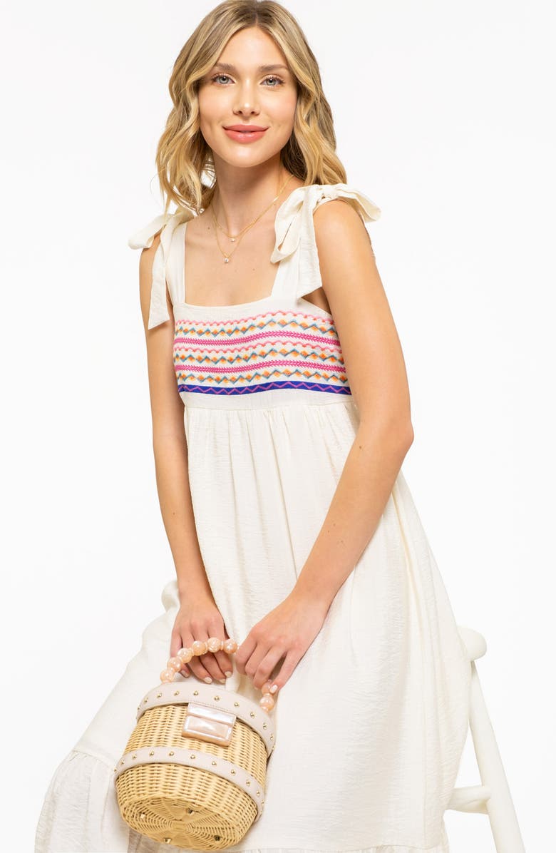 AUGUST SKY Embroidered Tie Strap Empire Waist Midi Dress, Alternate, color, Cream