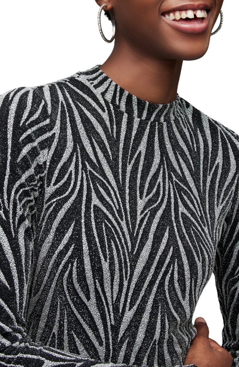 AllSaints Amaya Shimmer Zebra Long Sleeve Minidress, Alternate, color,