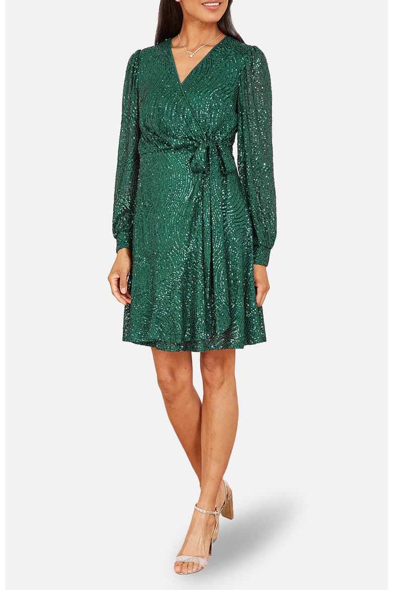 Sequin Long Sleeve Frill Wrap Dress, Alternate, color, Green