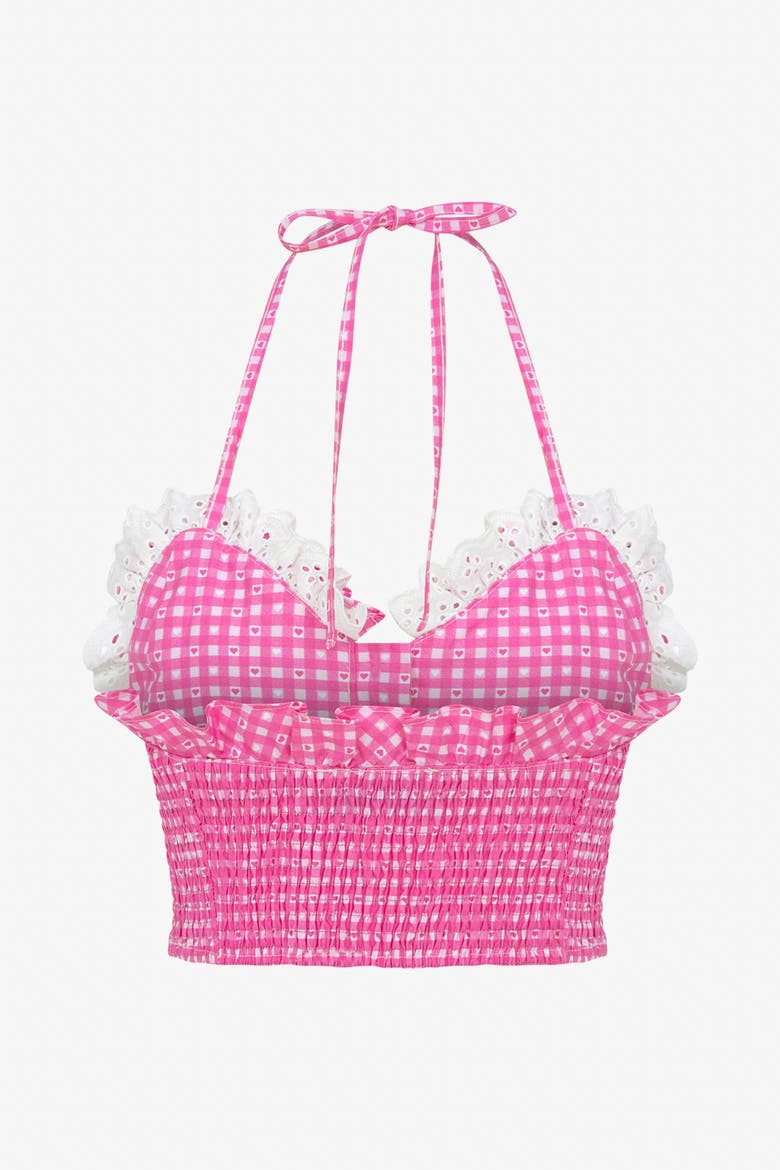 Sweetheart Gingham Crop Bustier Top With Lace Trim, Alternate, color, Pink