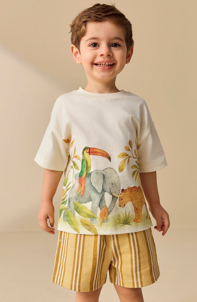 NEXT Kids' Wildlife Graphic Cotton T-Shirt & Stripe Shorts Set, Alternate, color, Yellow