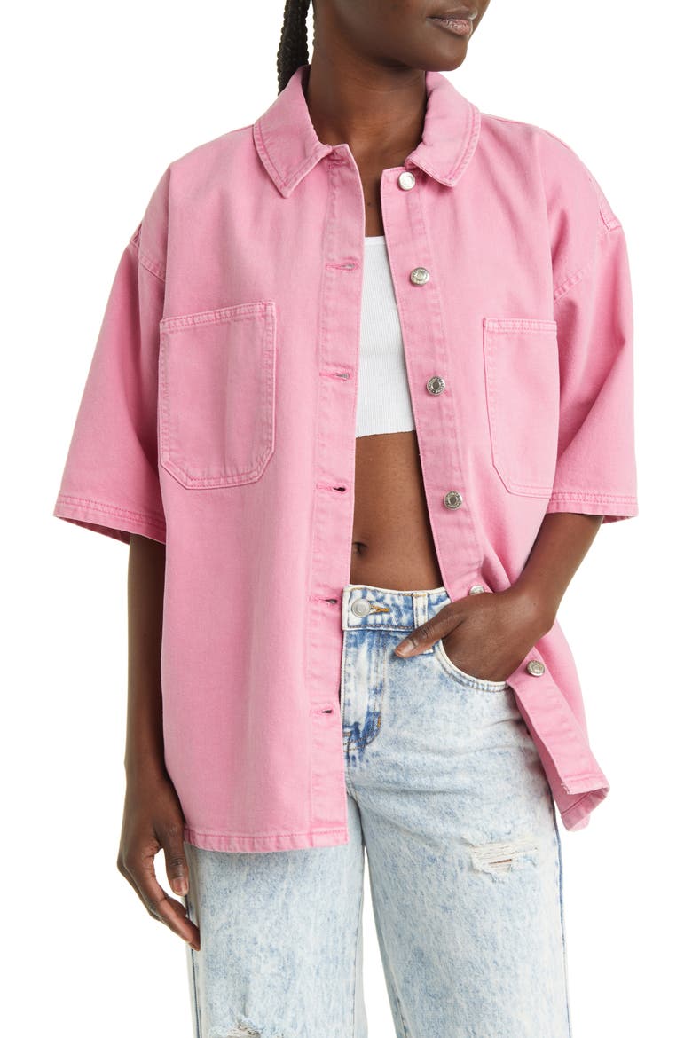 Oversize Denim Shirt Jacket, Main, color, BRIGHT PINK