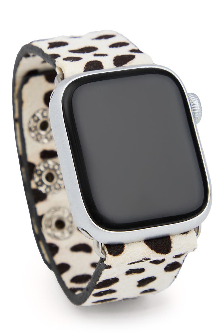 Spotted Genuine Calf Hair Apple Watch® Watchband, Main, color, BLACK AND WHITE