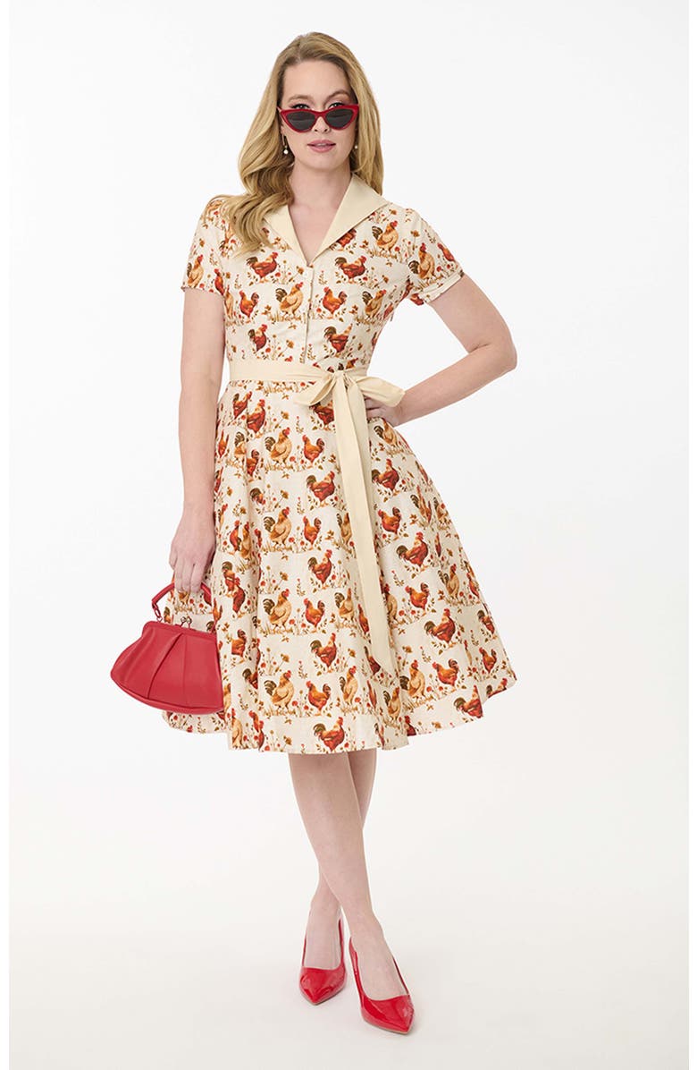 Unique Vintage 1950s Collared Shirt Dress, Main, color, Beige Rooster Print