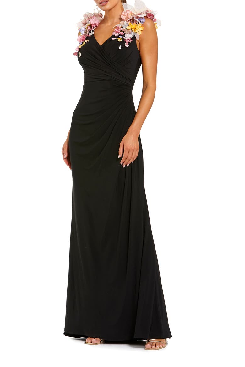 Sleeveless Jersey Gown With 3D Flower Detail, Main, color, Black Multi