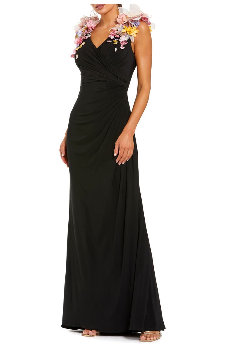 Mac Duggal Sleeveless Jersey Gown With 3D Flower Detail, Main, color, Black Multi