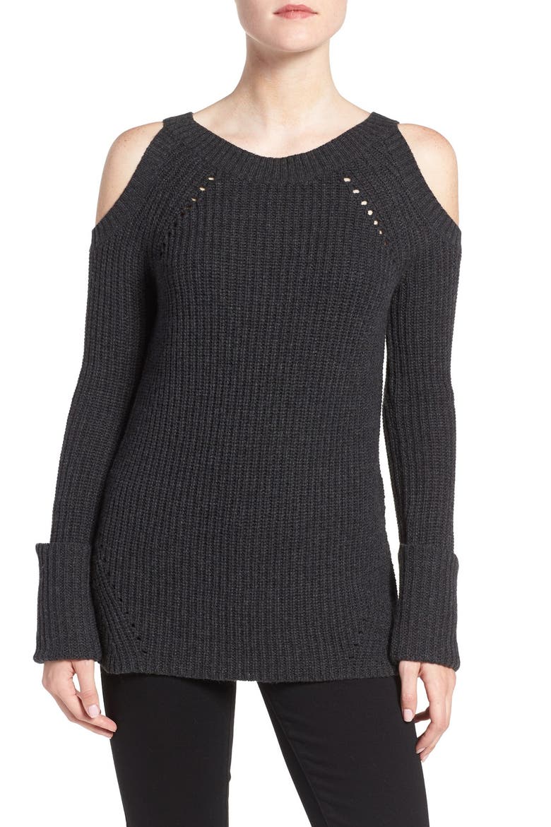 Olivia Palermo + Chelsea28 Ribbed Cold Shoulder Sweater, Main, color, GREY DARK CHARCOAL HEATHER