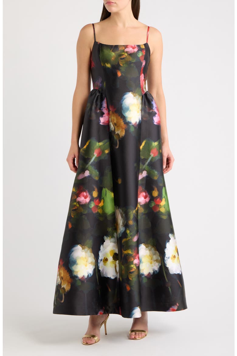 Basque Waist Gown, Main, color, BLACK MULTI