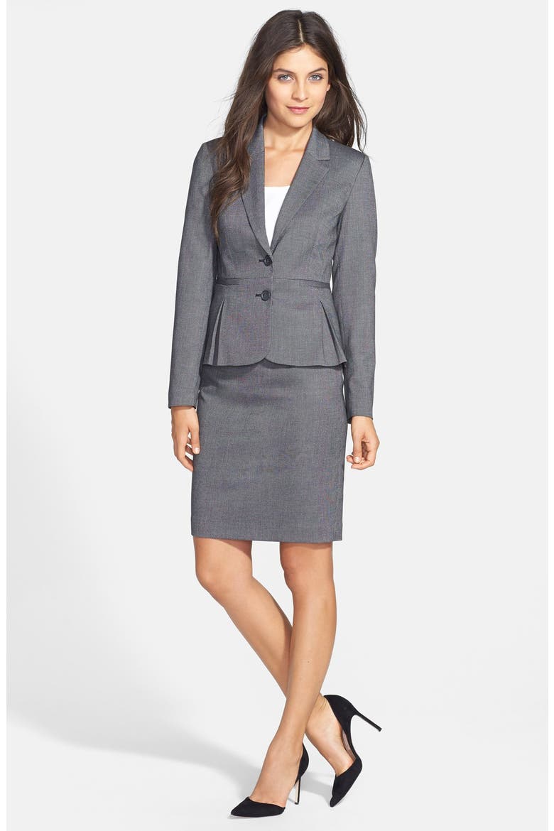 Pleat Peplum Suit Jacket, Alternate, color, BLACK BIRDSEYE PATTERN