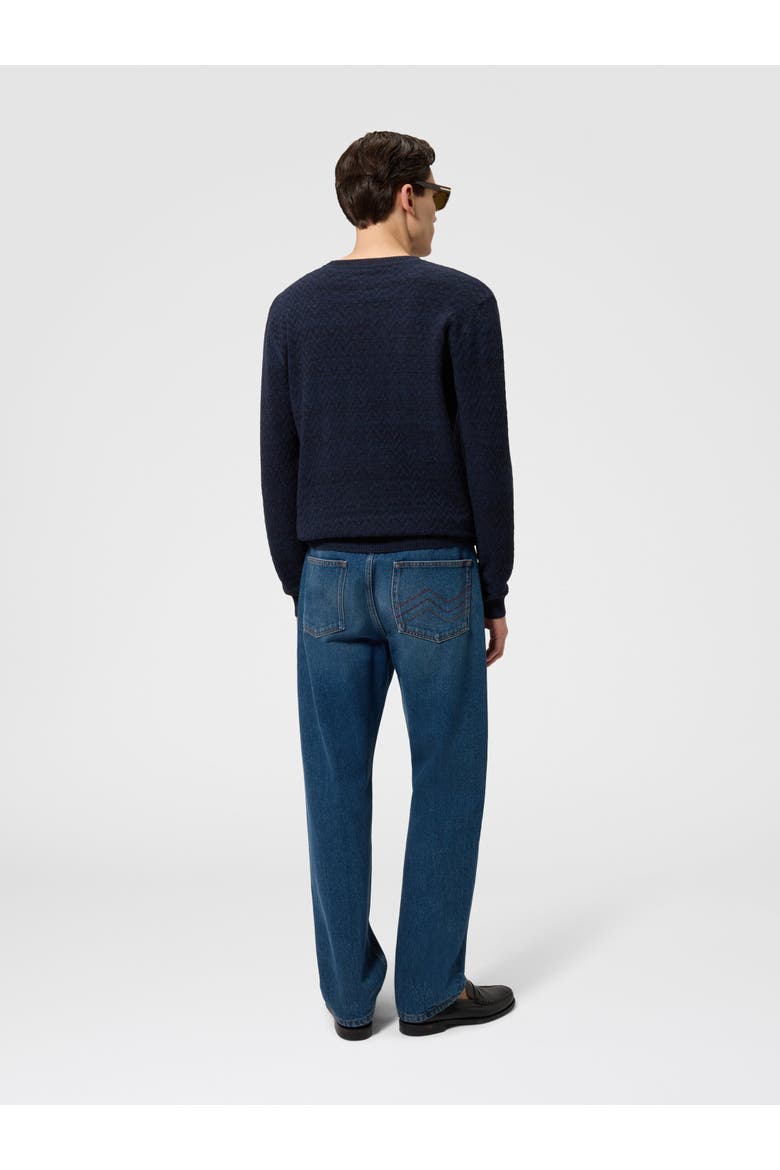 Crew-neck Wool And Cotton Pullover With Tone-on-tone Zigzag Pattern, Alternate, color, Blue
