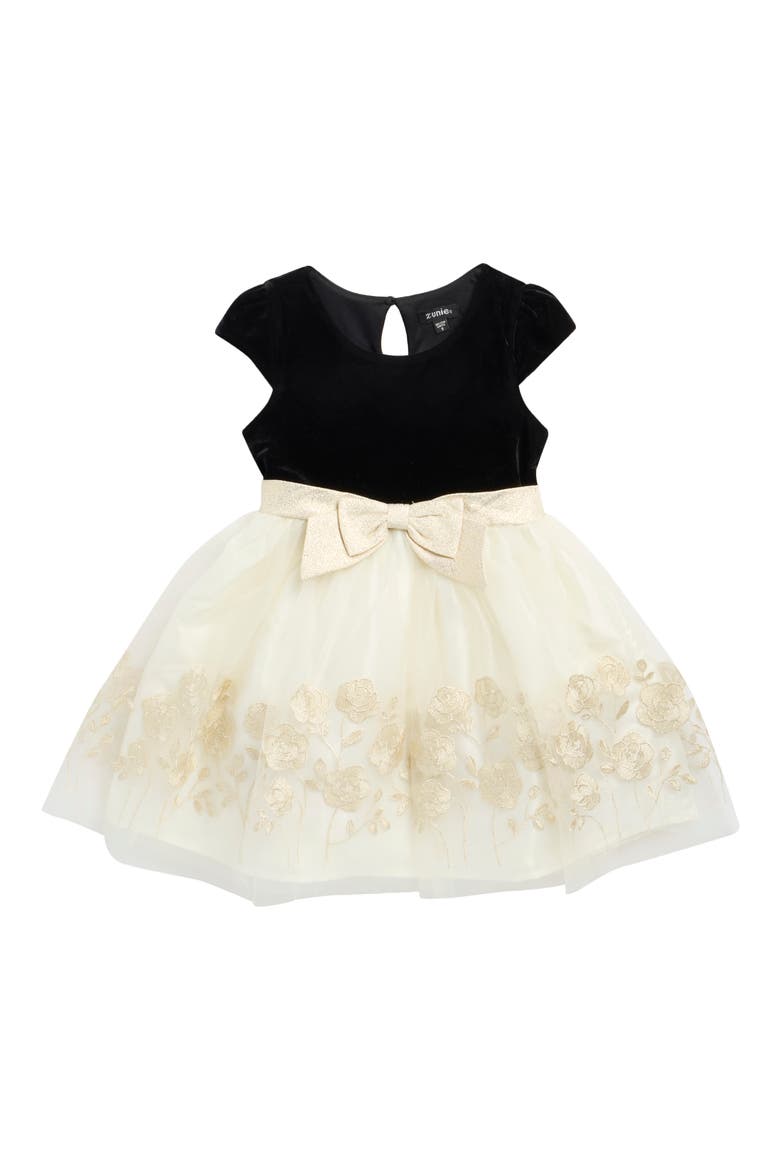 Kids' Velvet & Mesh Fit & Flare Dress, Main, color, BLACK/ GOLD