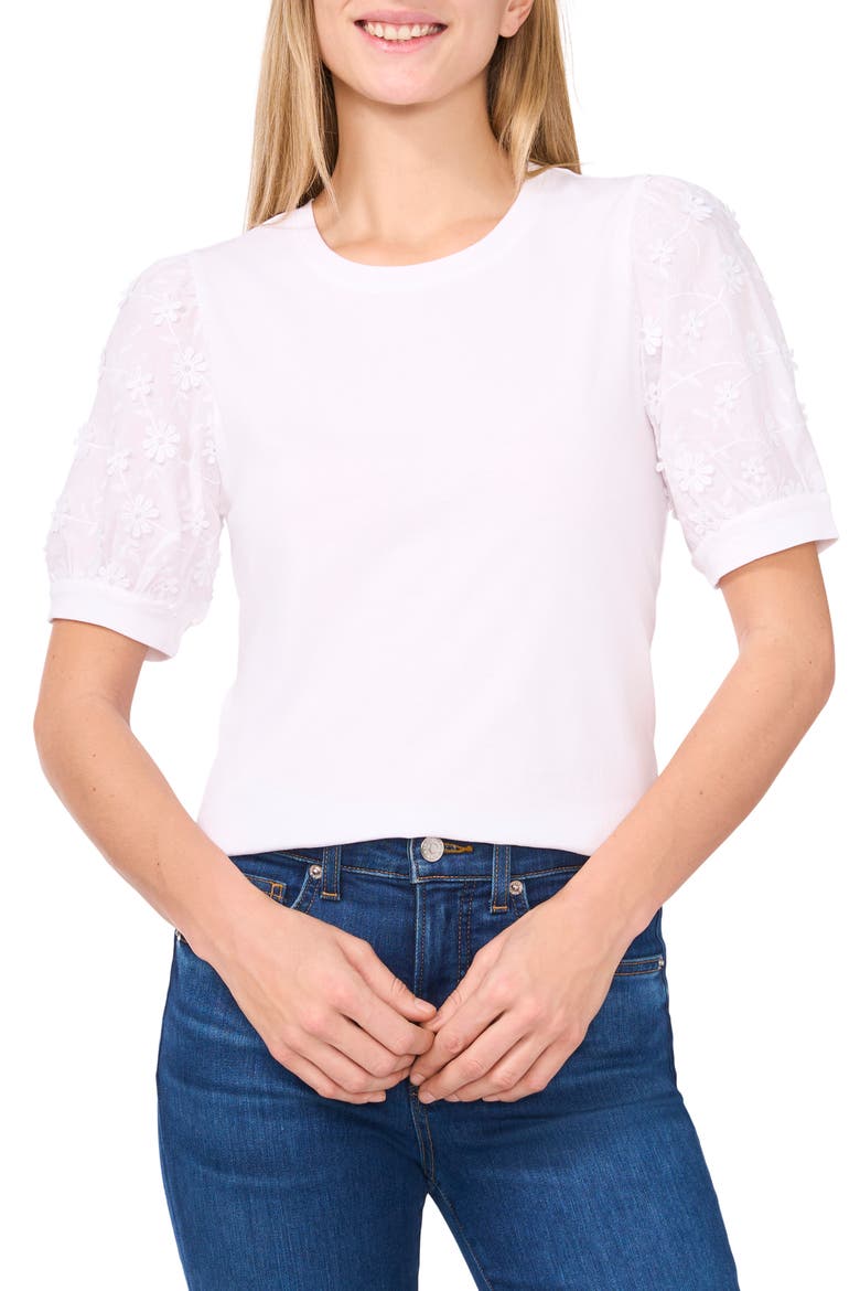 Floral Appliqué Sleeve Mixed Media Top, Main, color, NEW IVORY