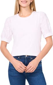 CeCe Floral Appliqué Sleeve Mixed Media Top